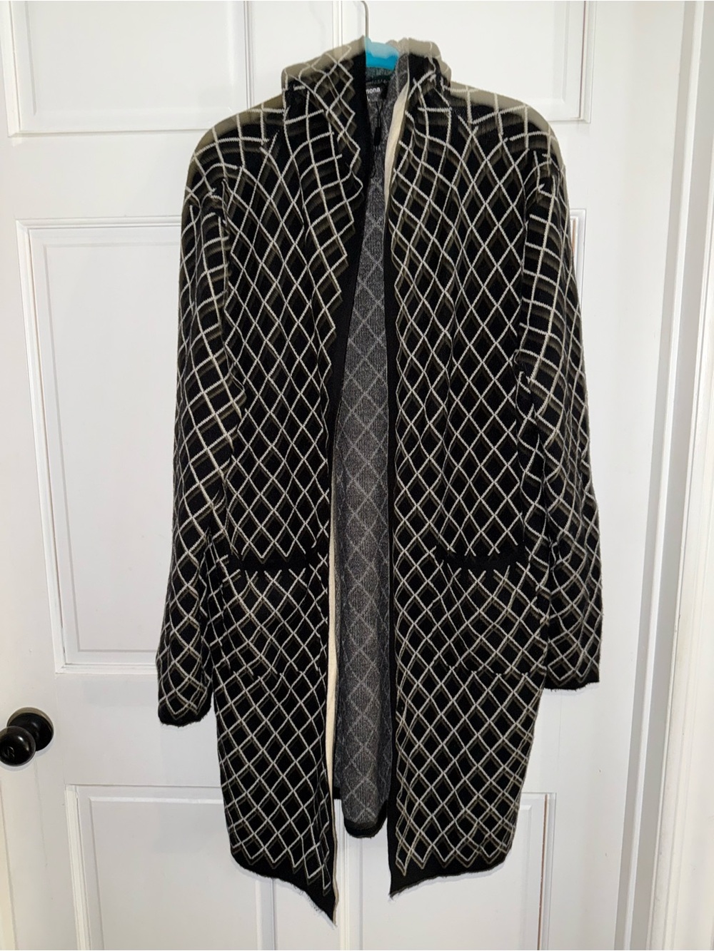 Black & Cream Open-Front Diamond Knit Cardigan Sweater with hood and pockets